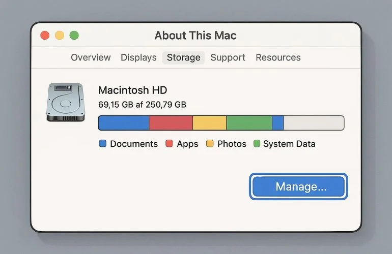 Checking Mac storage using About This Mac and Storage Management with category breakdown of files.