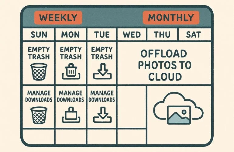 Regular Mac maintenance tips like emptying trash and organizing files to keep storage optimized.