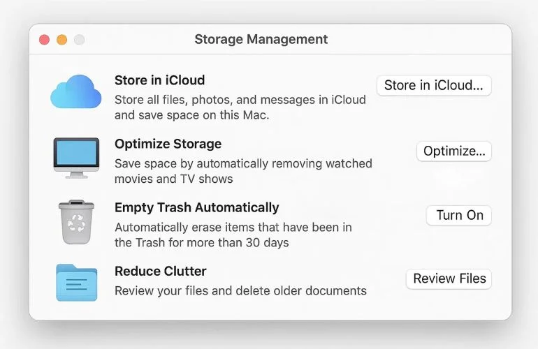 Using Mac built-in storage tools like Optimize Storage, Store in iCloud, and Reduce Clutter.