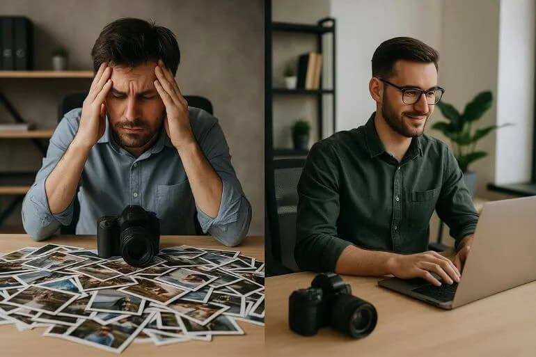 Relaxed photographer outsourcing photo editing to reduce stress