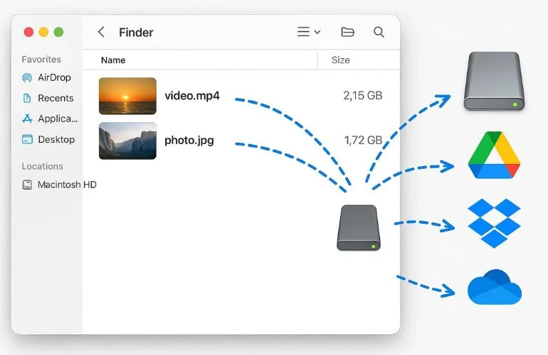 Moving large video and photo files from Mac to external drive and cloud storage services like Google Drive and Dropbox