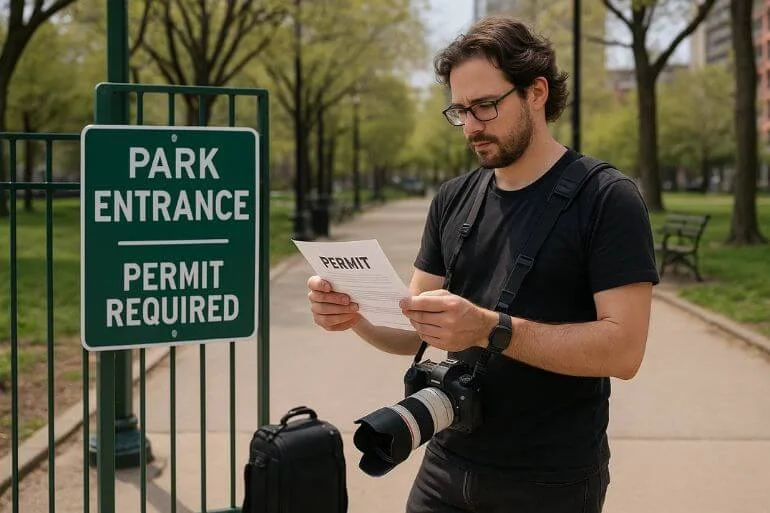 Professional photographer checking permit at a public park entrance with camera gear nearby