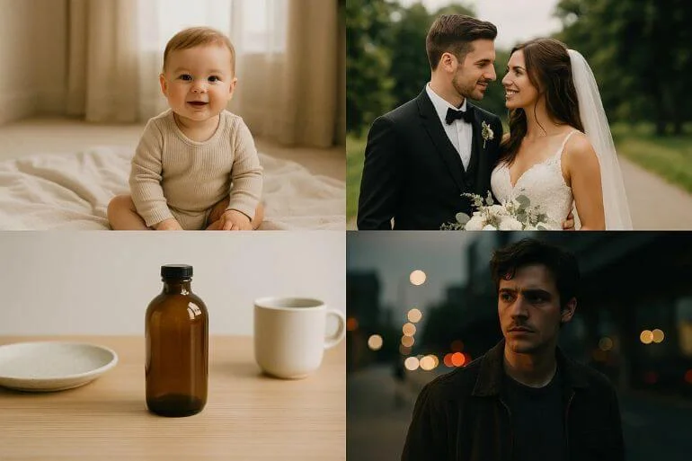 Various photography types: indoor baby shoot, outdoor wedding couple, product photography