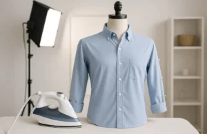 Clothes being steamed and pinned on a mannequin, ready for photography