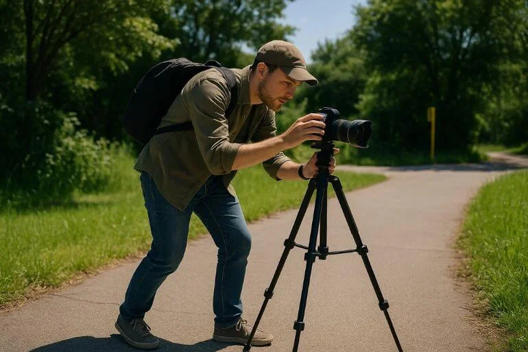 Photographer setting up equipment carefully in a safe outdoor location with camera on tripod