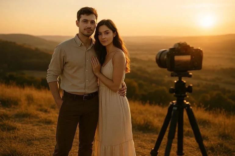 Golden hour outdoor photo shoot with warm sunlight, couple posing on a hilltop, photography location tips