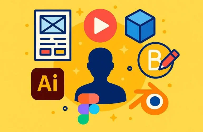 Illustration showing top-paying skills for graphic designers such as UI/UX, motion graphics, 3D modeling, and design software.