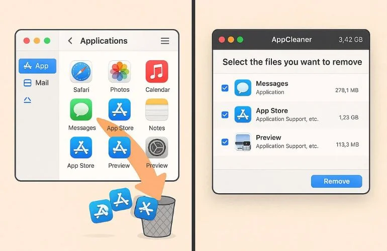 Properly uninstalling apps on Mac using AppCleaner to remove leftover files completely.