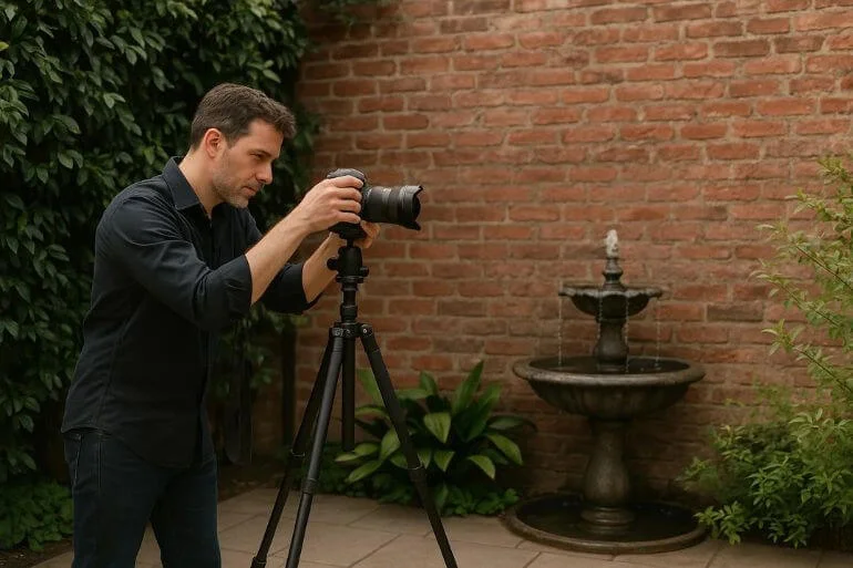 Photography location with multiple backdrops including greenery, brick wall, and small fountain