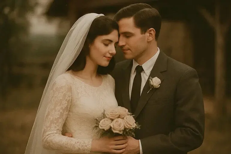 Nostalgic vintage wedding photo with warm tones and subtle grain.