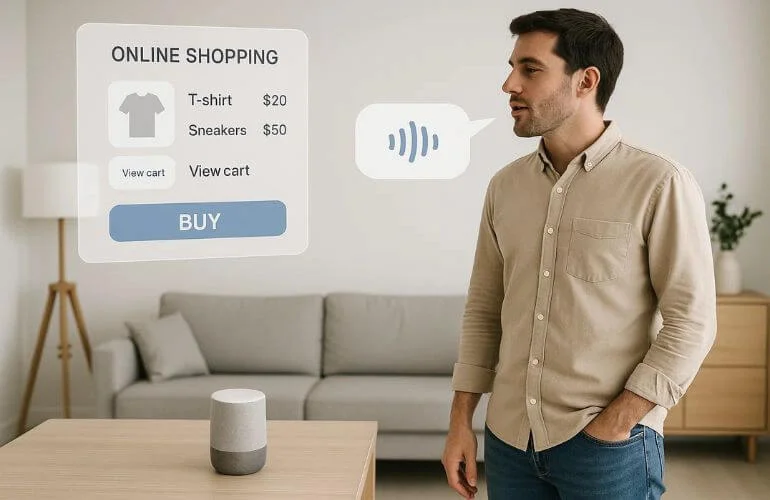 Customer shopping hands-free using a smart speaker at home