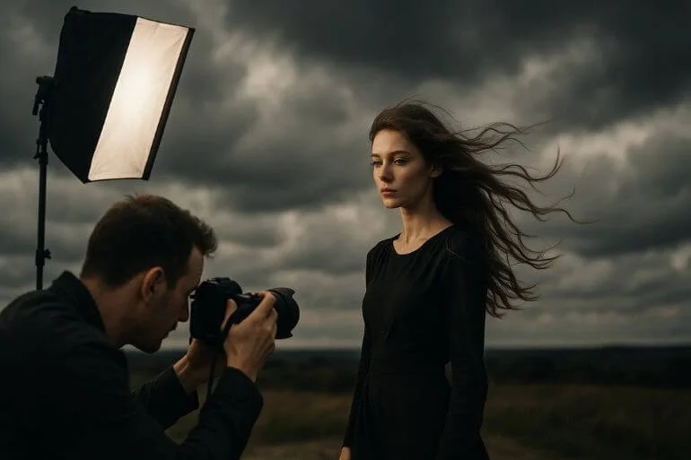 Outdoor photo shoot during cloudy, windy day with dramatic sky and model’s hair moving