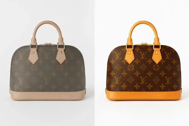 Designer handbag before and after color correction for product photography editing