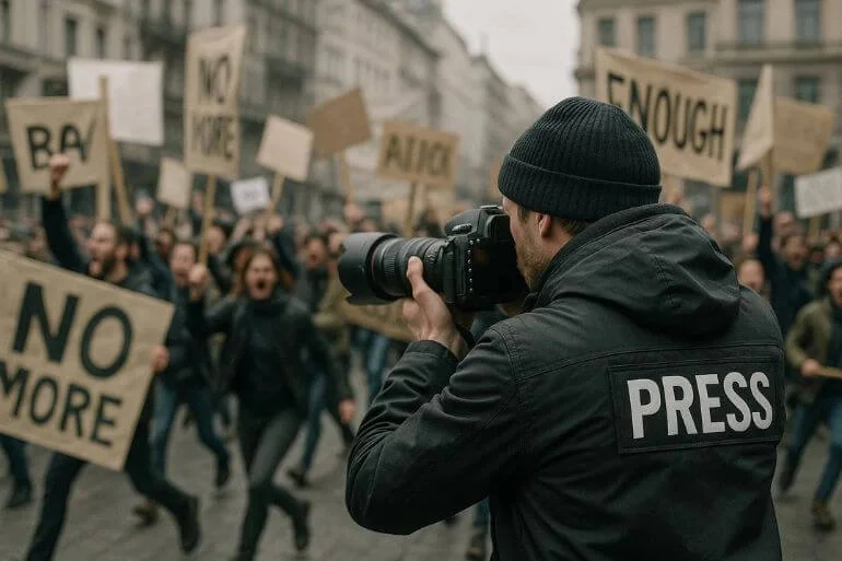Photojournalist capturing a street protest with crowd and police