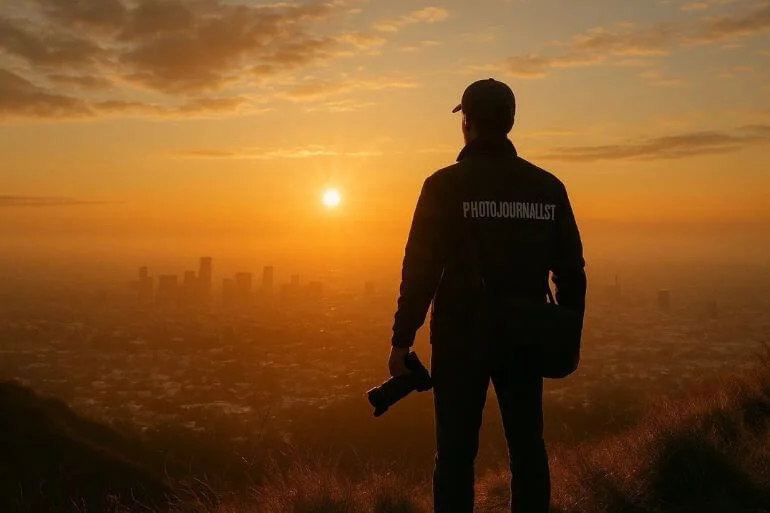 Photojournalist standing on hill at sunrise ready to capture stories