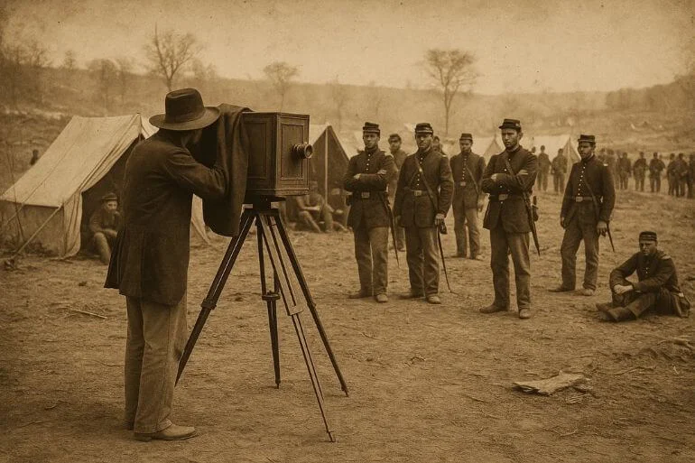 19th-century photographer capturing soldiers during the American Civil War