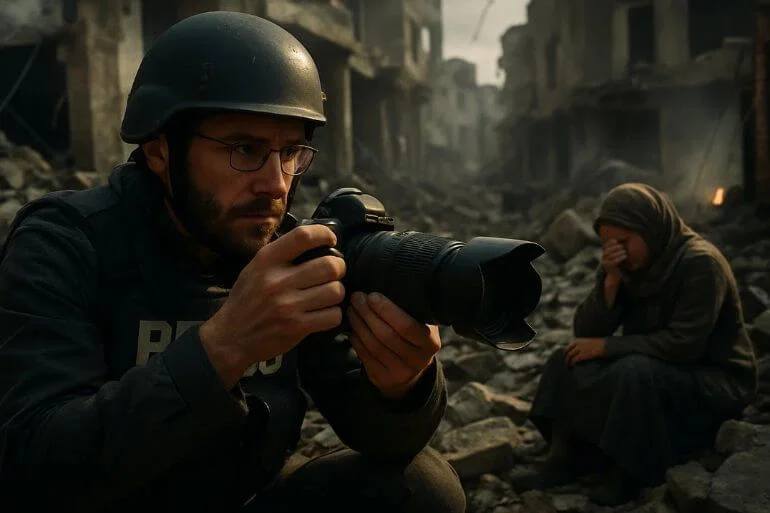 Photojournalist documenting civilians in a war-torn area
