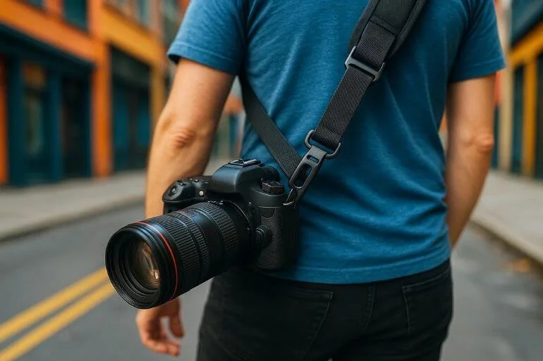 Photographer wearing a 3-point sling strap with DSLR camera for comfortable street photography.