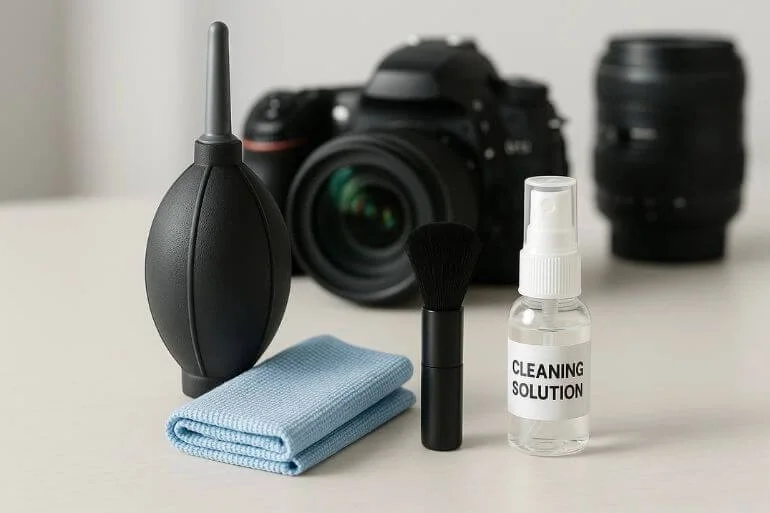 Lens cleaning kit with blower, microfiber cloth, and brush beside a DSLR camera.