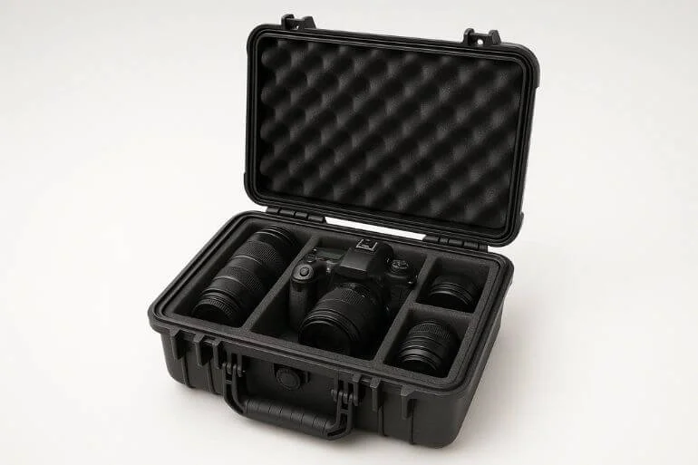 Hard-shell travel camera case with foam compartments holding camera and lenses.