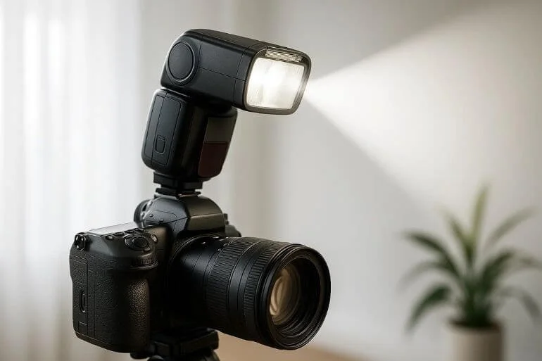 DSLR camera equipped with detachable flash illuminating an indoor photography setup.