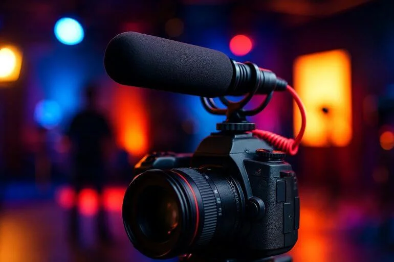 Shotgun microphone attached to DSLR camera on a video set with professional lighting.