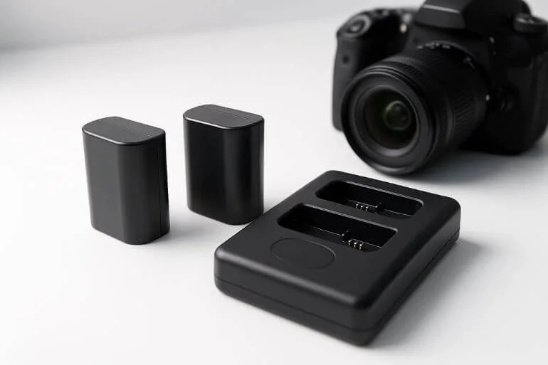 Two camera batteries and a dual charger beside a DSLR for reliable power backup.