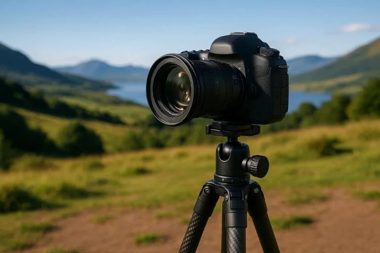DSLR camera on a carbon fiber tripod capturing a scenic outdoor landscape in natural light.