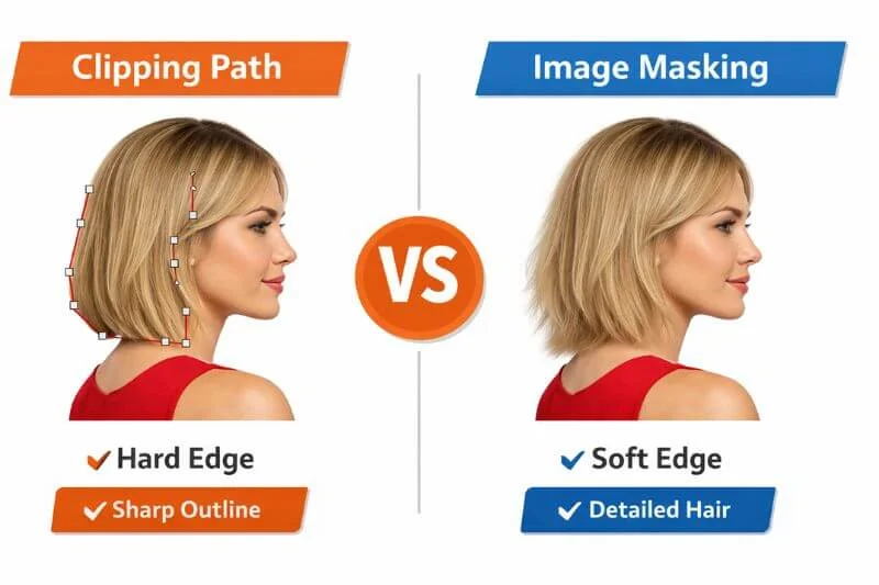 Comparison between clipping path hard edges and image masking soft hair edges