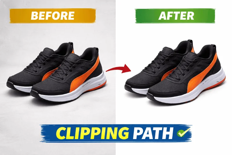 Clipping path before and after example showing clean background and sharp edges for product images