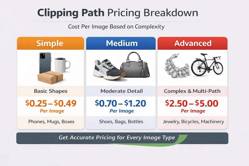 Clipping path pricing breakdown by image complexity showing simple medium and advanced costs