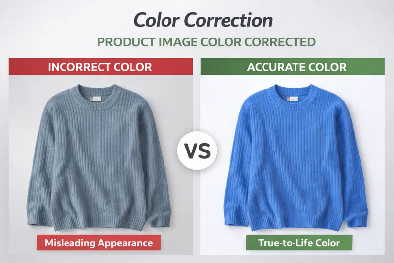 Ecommerce color correction example showing incorrect versus accurate product colors