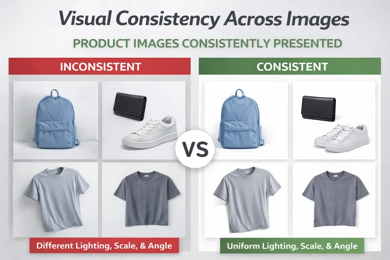 Comparison showing inconsistent versus consistent ecommerce product images with differences in lighting, scale, and angle