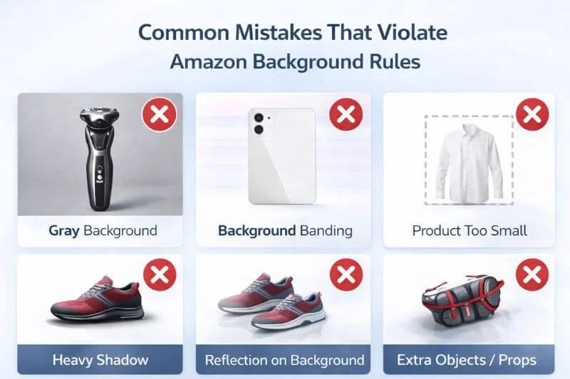 Common Amazon product image background mistakes including grey background, shadows, banding, and small product size