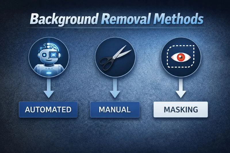 Background removal methods including automated, manual, and masking techniques