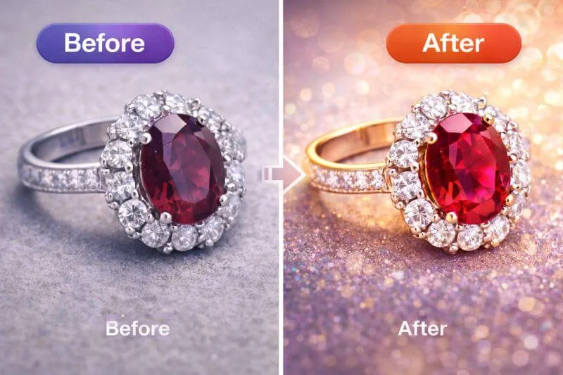 Simple vs complex photo color correction example showing product and jewelry editing differences