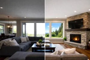 Before and after HDR real estate photo editing showing balanced lighting and corrected exposure in interior property image
