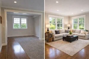 Before and after object removal in real estate photo editing showing clean and distraction-free interior space