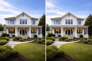 Before and after perspective correction in real estate photography showing straightened vertical lines and architectural alignment