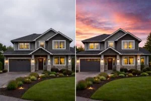 Before and after real estate sky replacement service showing dramatic sunset sky enhancement on exterior property