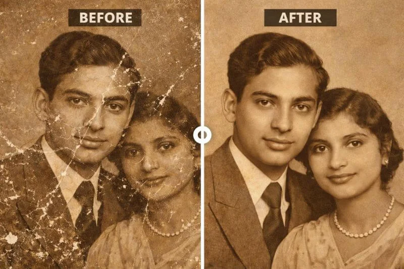 Side by side comparison of a scratched faded portrait and the restored version