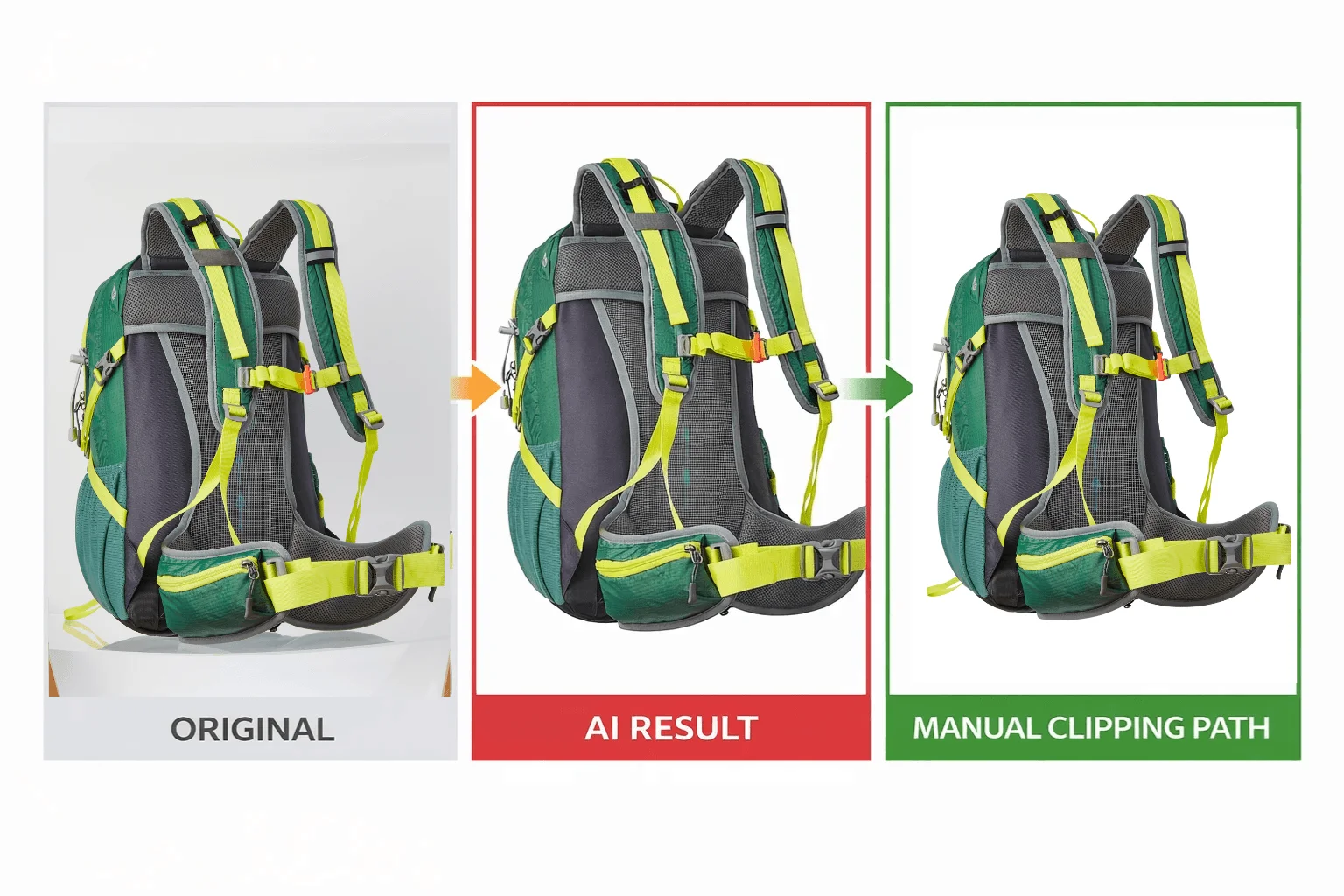 Comparison of AI background removal and manual clipping path for ecommerce product image editing