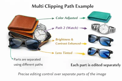 Multi clipping path example showing separate editing of wallet, watch, and sunglasses