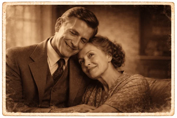 Restored vintage photo of an elderly couple showing preserved memories and natural photo restoration