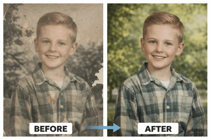 photo restoration before and after background reconstruction example