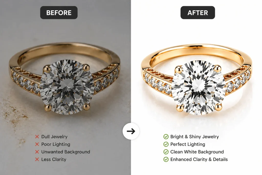 before and after jewelry photo editing comparison for diamond ring product image