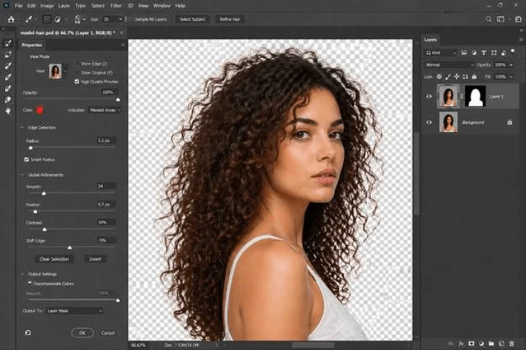 Photoshop Select and Mask panel showing hair edge refinement using the Refine Edge Brush tool