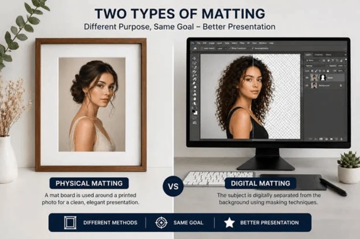 Physical photo matting with mat board frame vs digital image matting in Photoshop