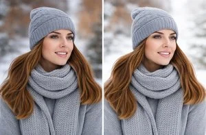 Winter portrait photo retouching before and after comparison