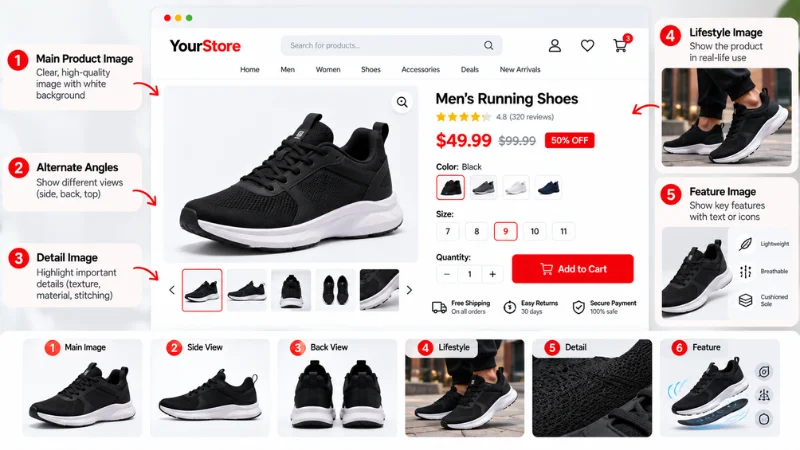 Ecommerce product image types showing main, angle, lifestyle, detail, and feature images